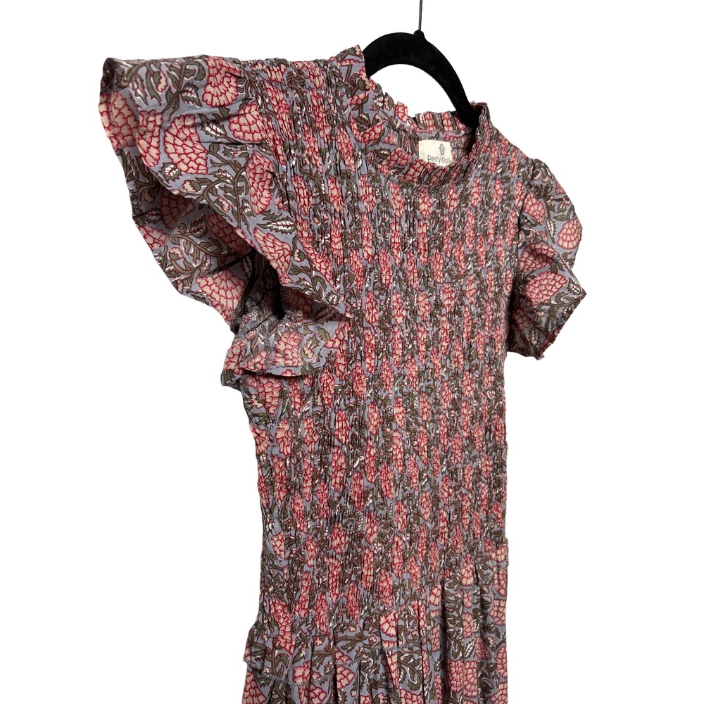 Perry Walker Smocked Maxi Dress Floral Print Flutter‎ Sleeve Pink Gray Sz 2